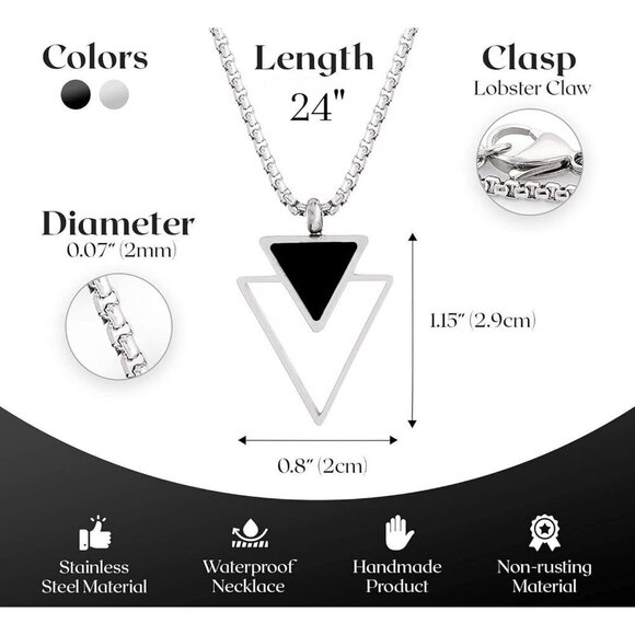 ✨Men Black Necklace Premium Stainless Steel with Triangle Chain Pendants Jewelry - Picture 3 of 7